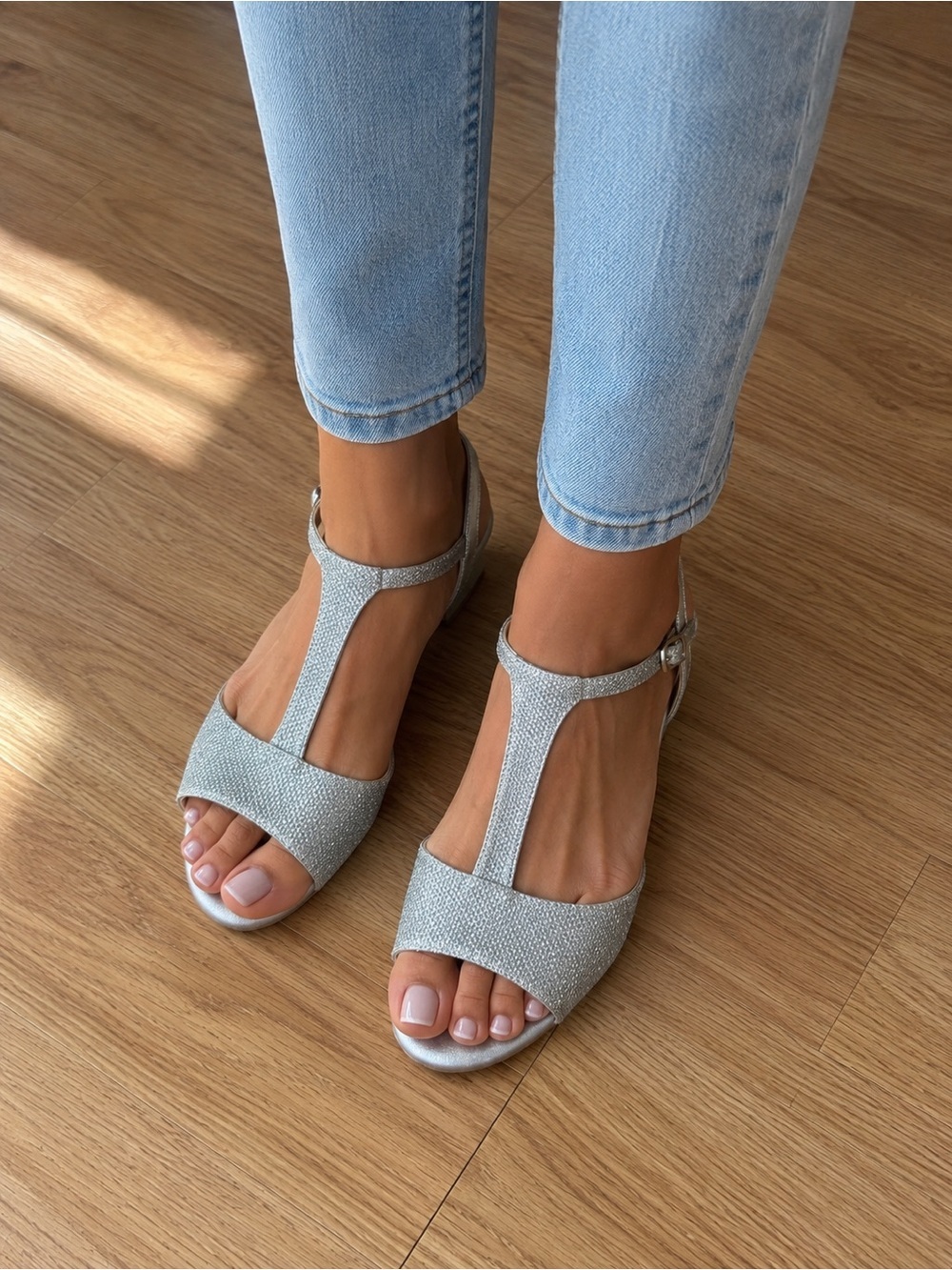 Sparkling Silver T-Strap Sandals for Women